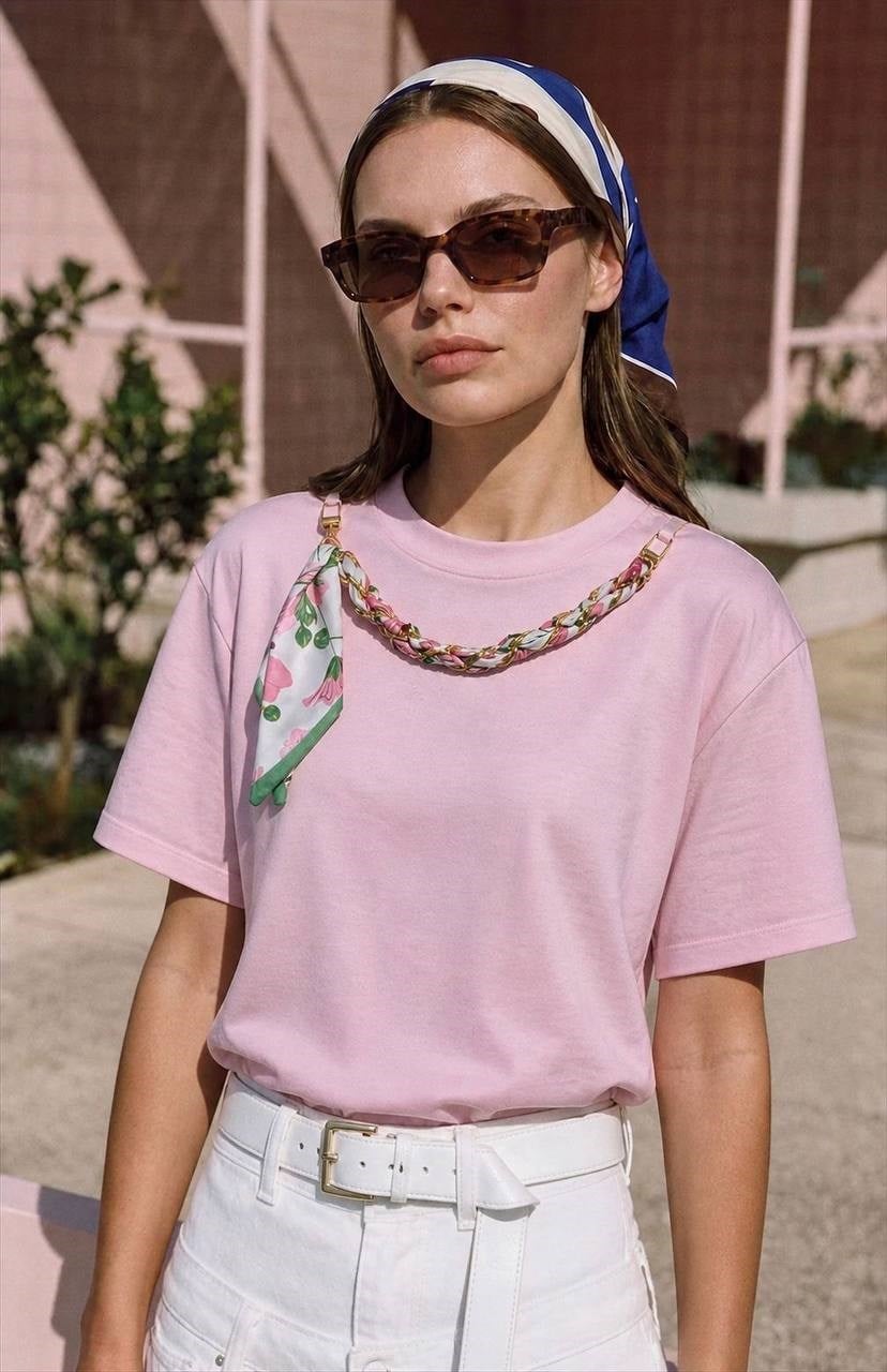 Pudra Fular Detaylı T-Shirt