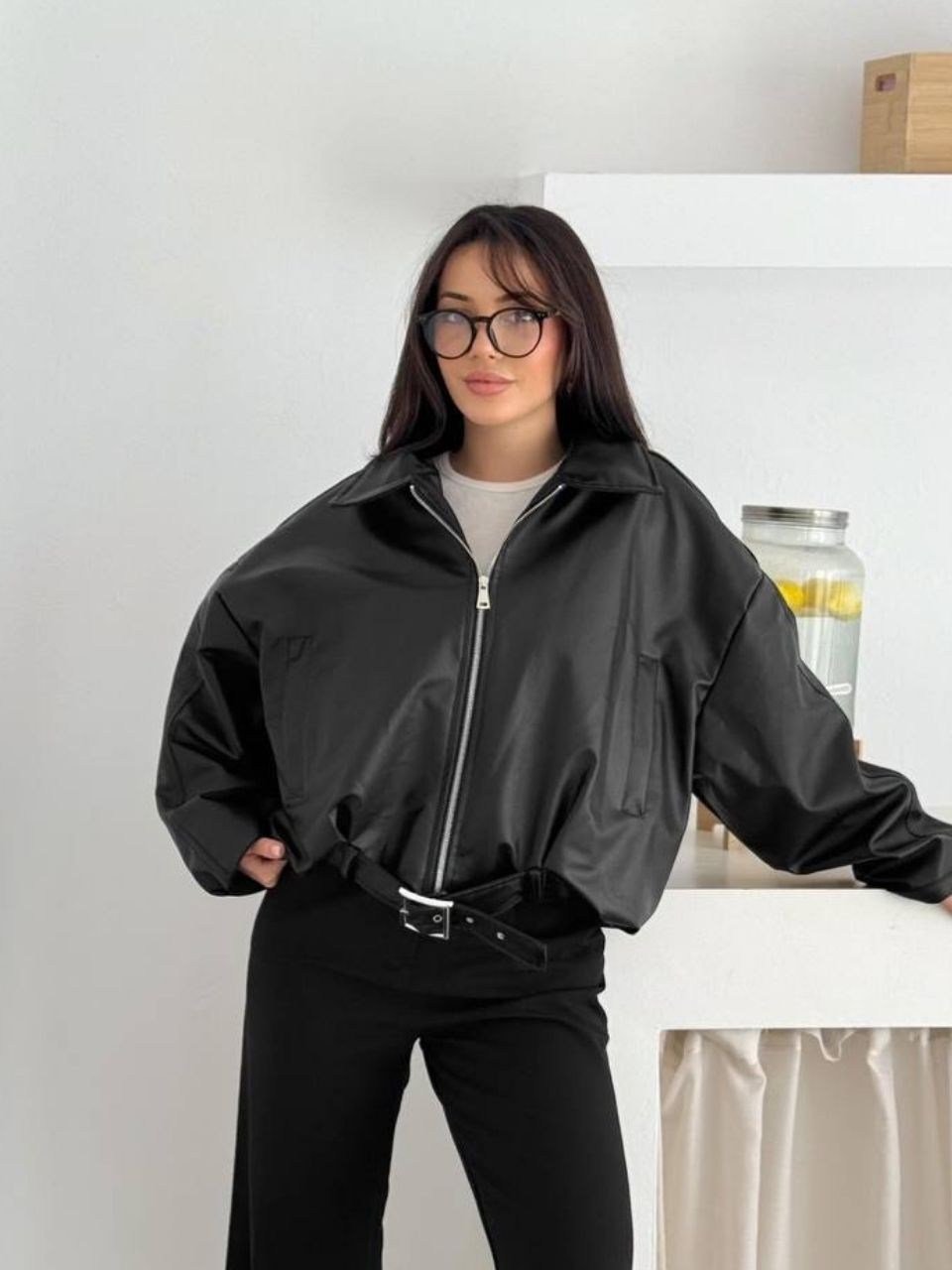 Siyah Kemerli Yarasa Kol Oversize Deri Ceket