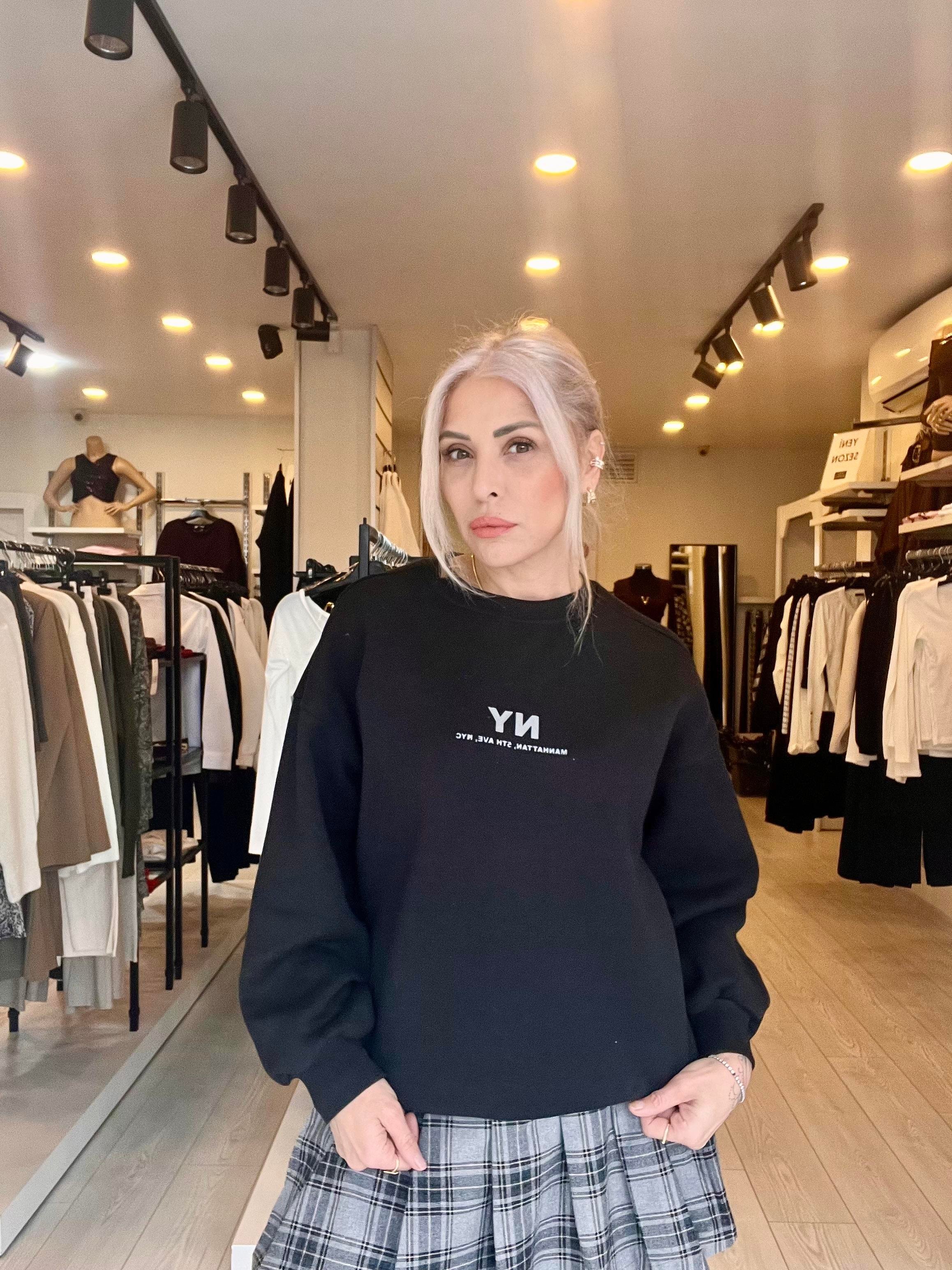 Siyah NY Baskılı Şardonlu Sweatshirt