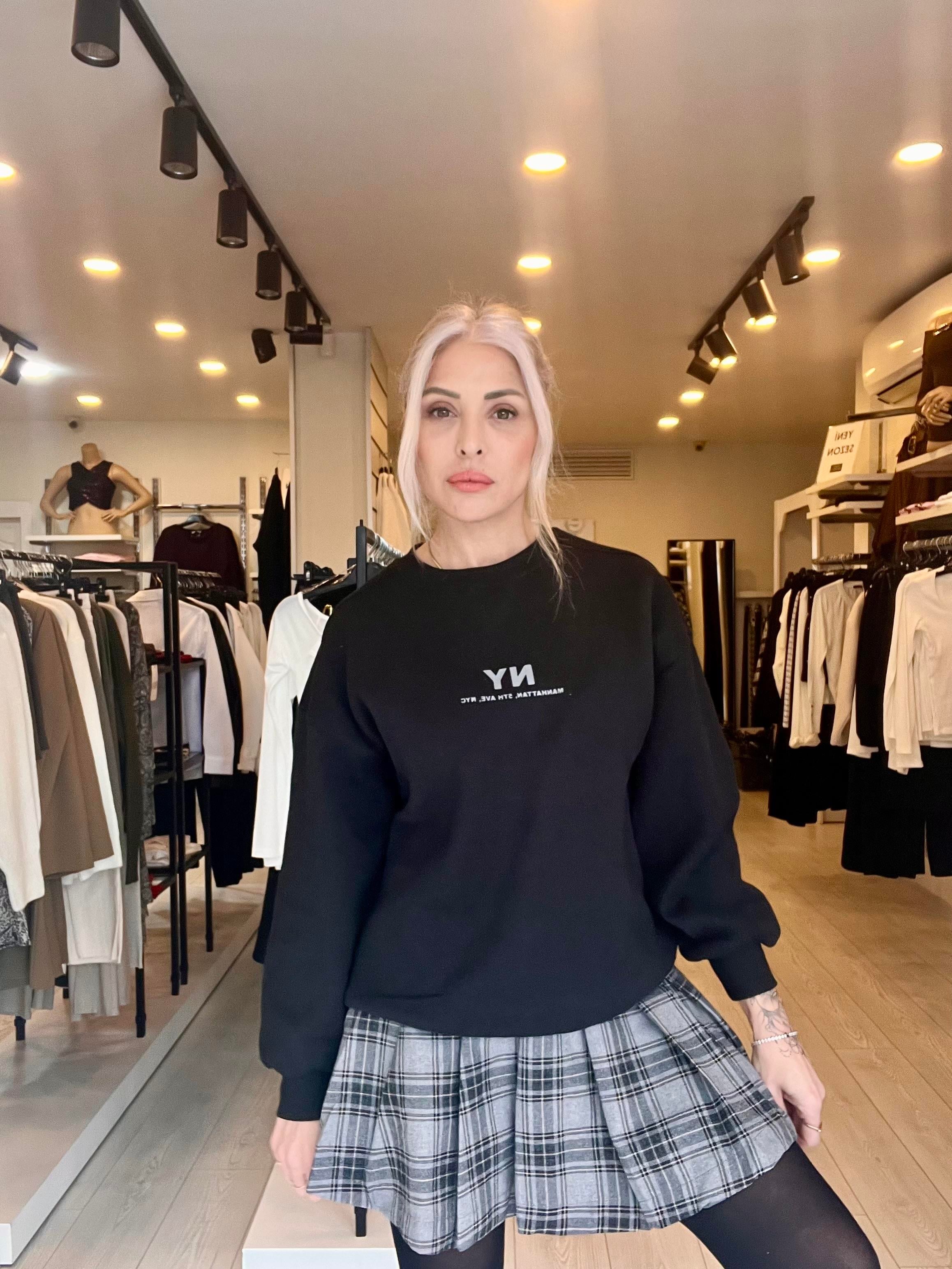 Siyah NY Baskılı Şardonlu Sweatshirt