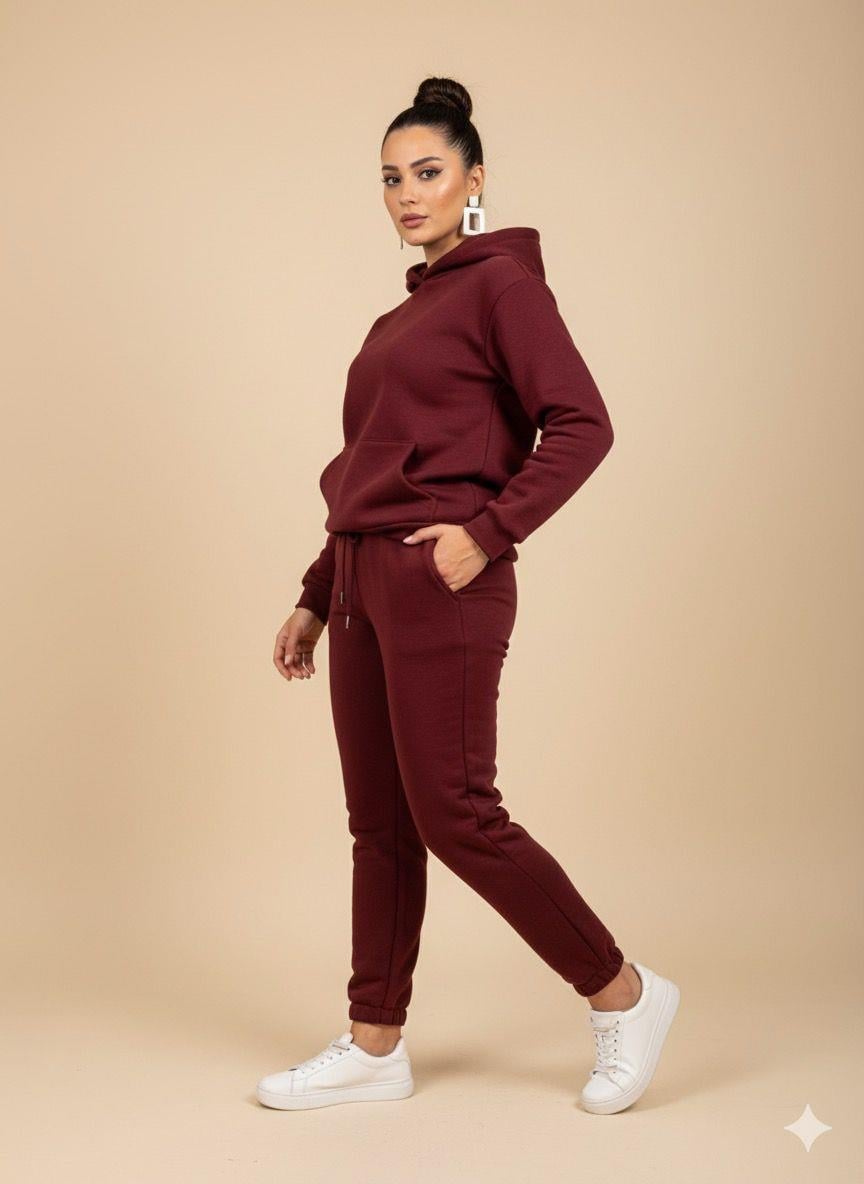 KADIN 3 İPLİK LASTİKLİ KAPÜŞONLU BORDO EŞOFMAN TAKIMI