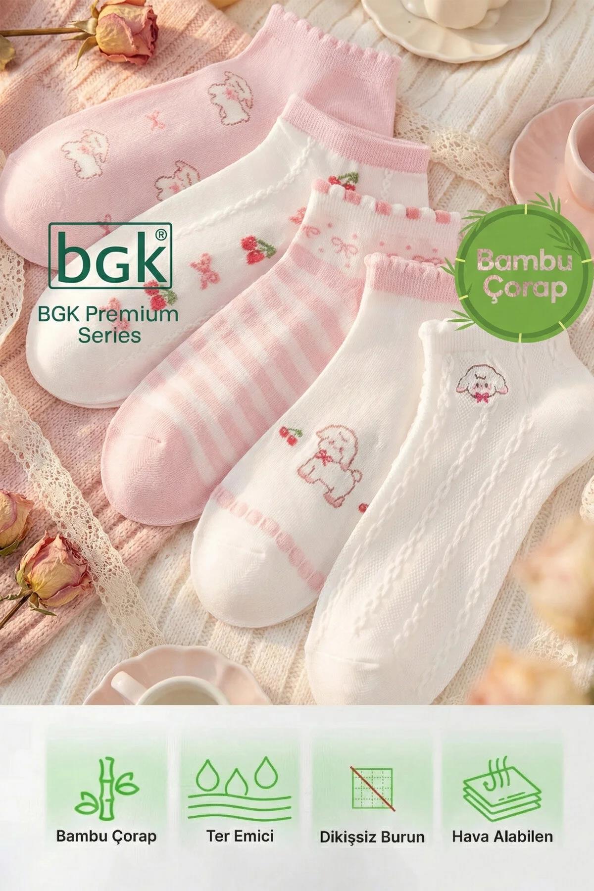 5 Çift Bambu Pembe Desenli Kadın Patik Çorap (Dikişsiz) Premium