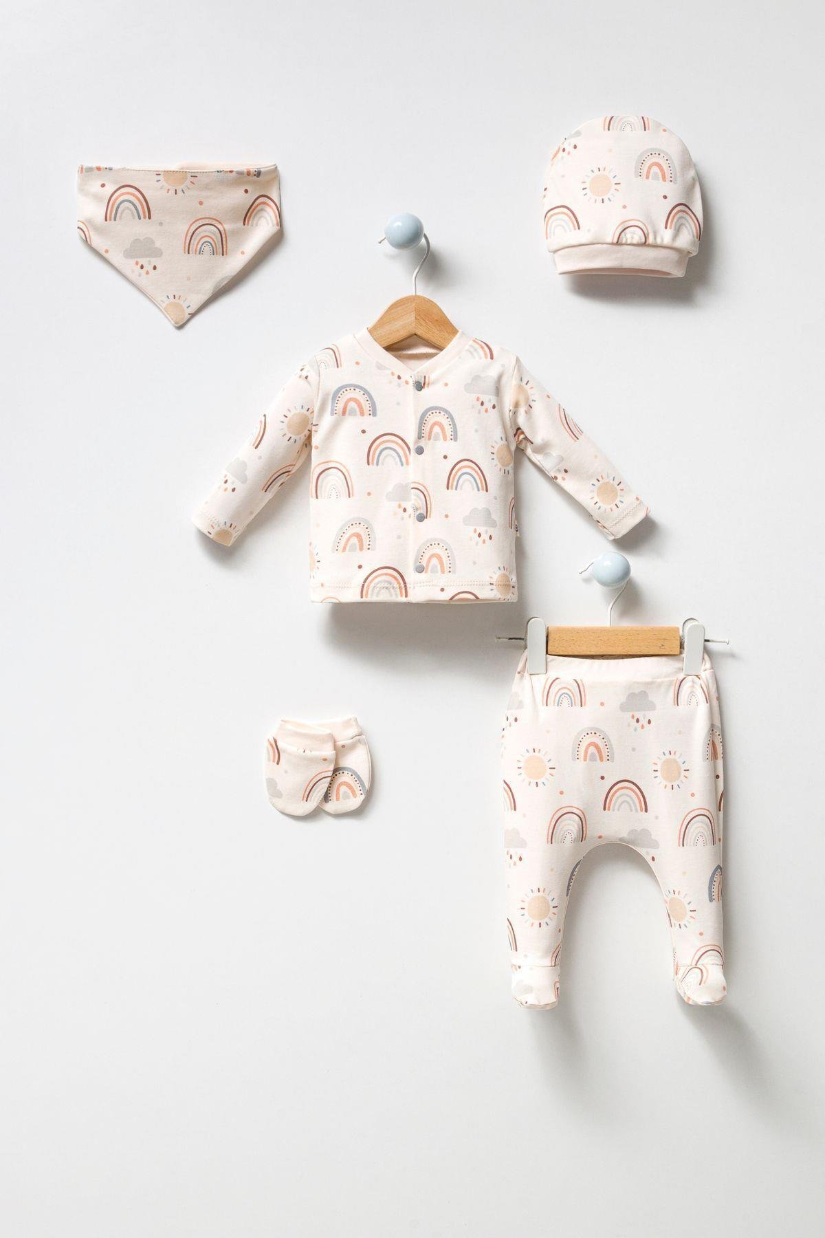 Unisex Bebek Gökkuşağı Desenli Natural 5li Hastane Çıkışı Zıbın Seti