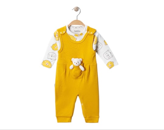 Ayıcık Aksesuarlı Çıtçıtlı Erkek Bebek Tulum Takımı Sarı