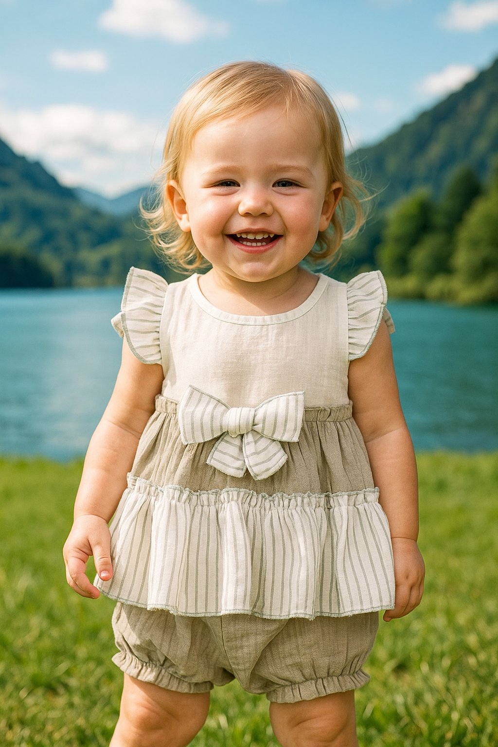 Çizgili Fırfırlı Kurdele Detaylı Kız Bebek Takımı Yeşil