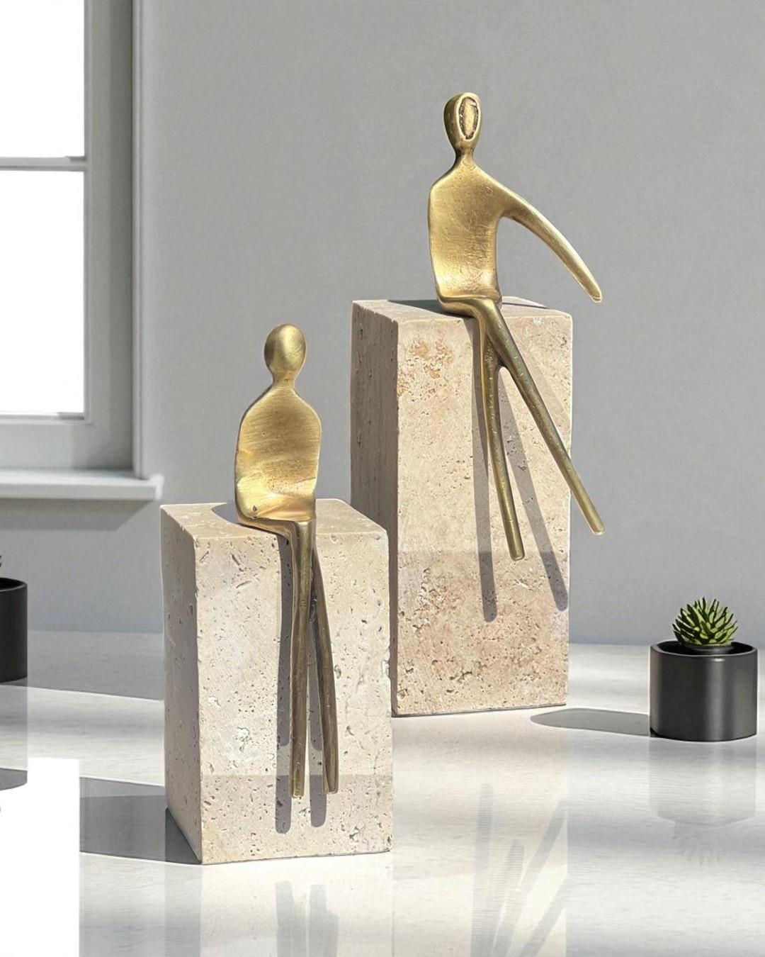 2'li 13-10 cm Traverten Oturan Adam Gold Eskitme