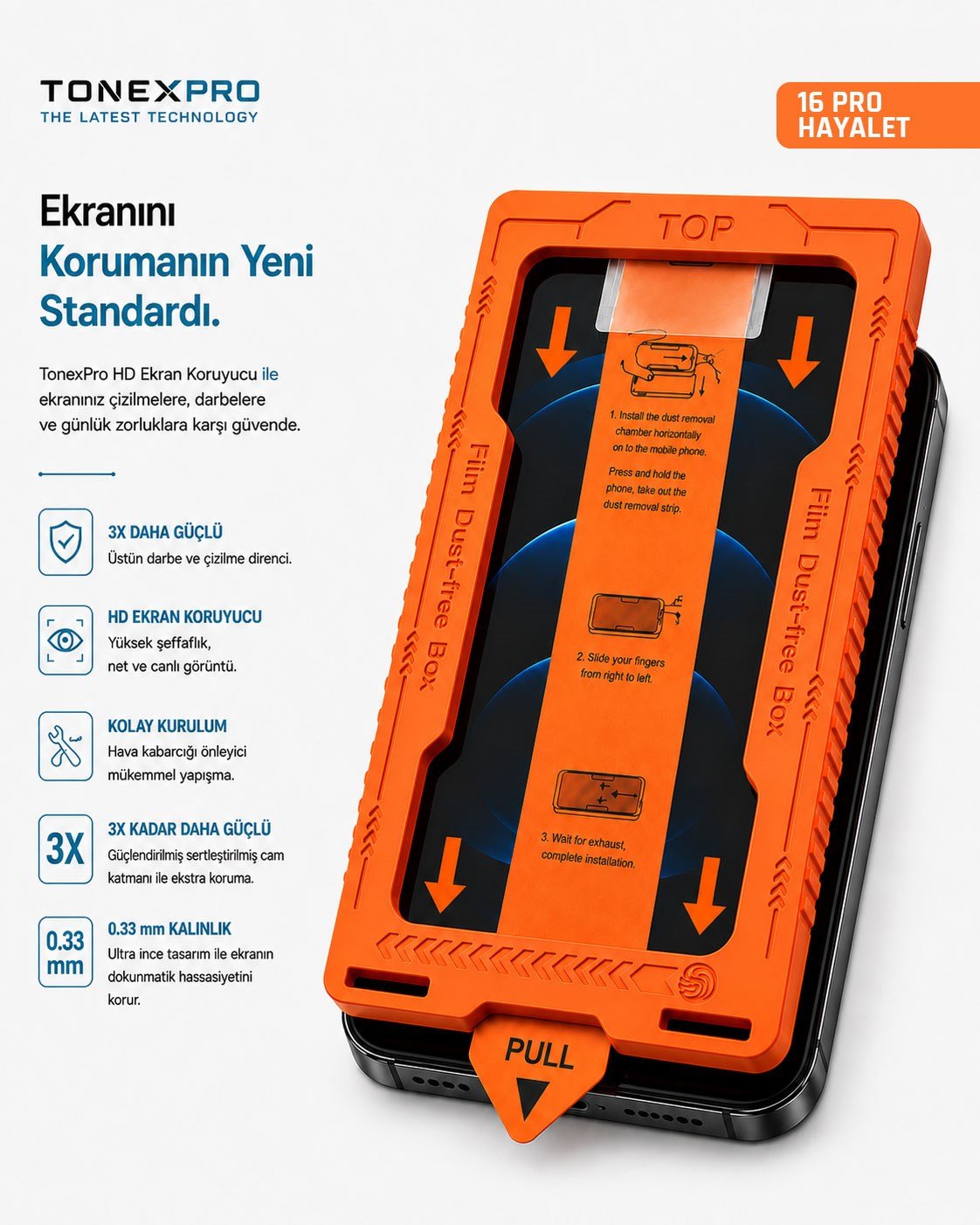 TonexPRO Iphone 16 Pro Uyumlu Hayalet Ekran Koruyucu Tak Yapıştır