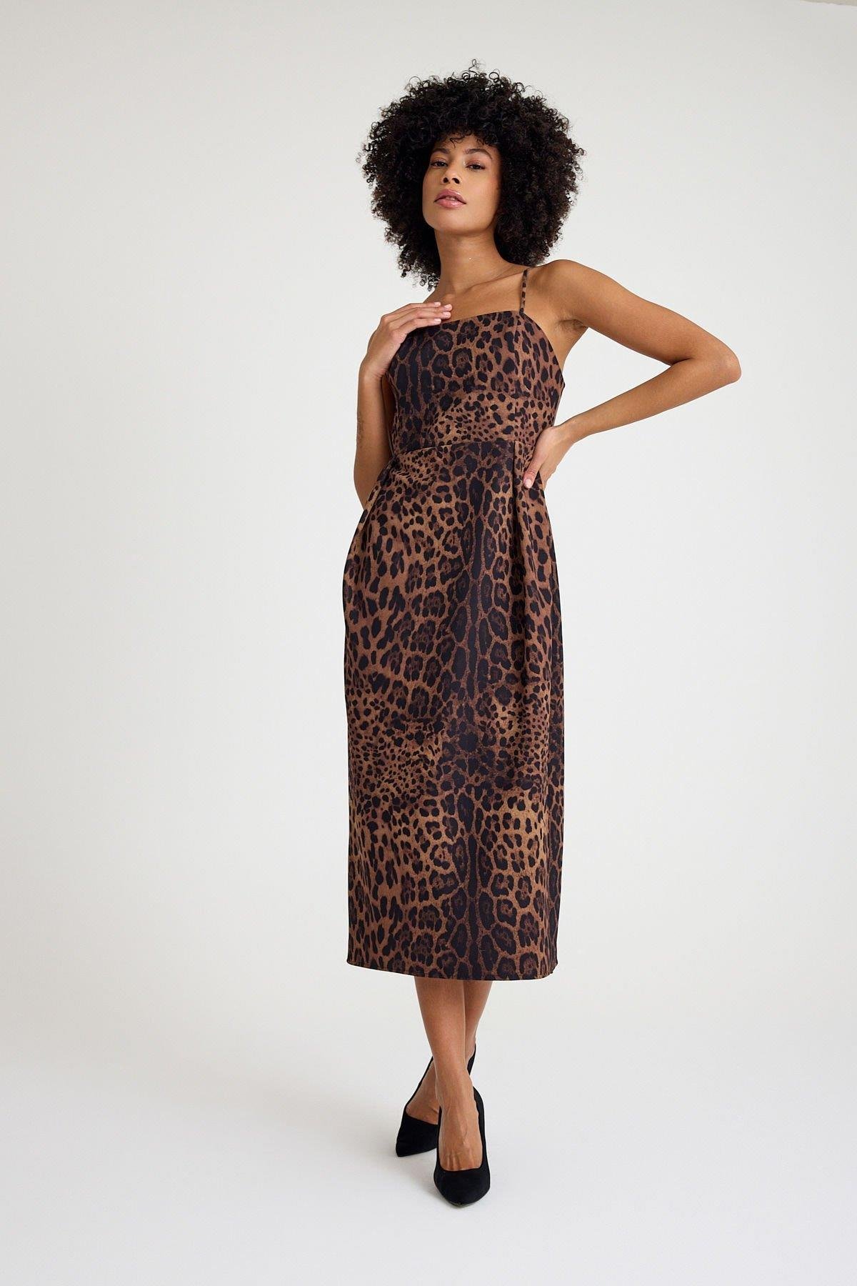 Leopar Askılı Midi Elbise