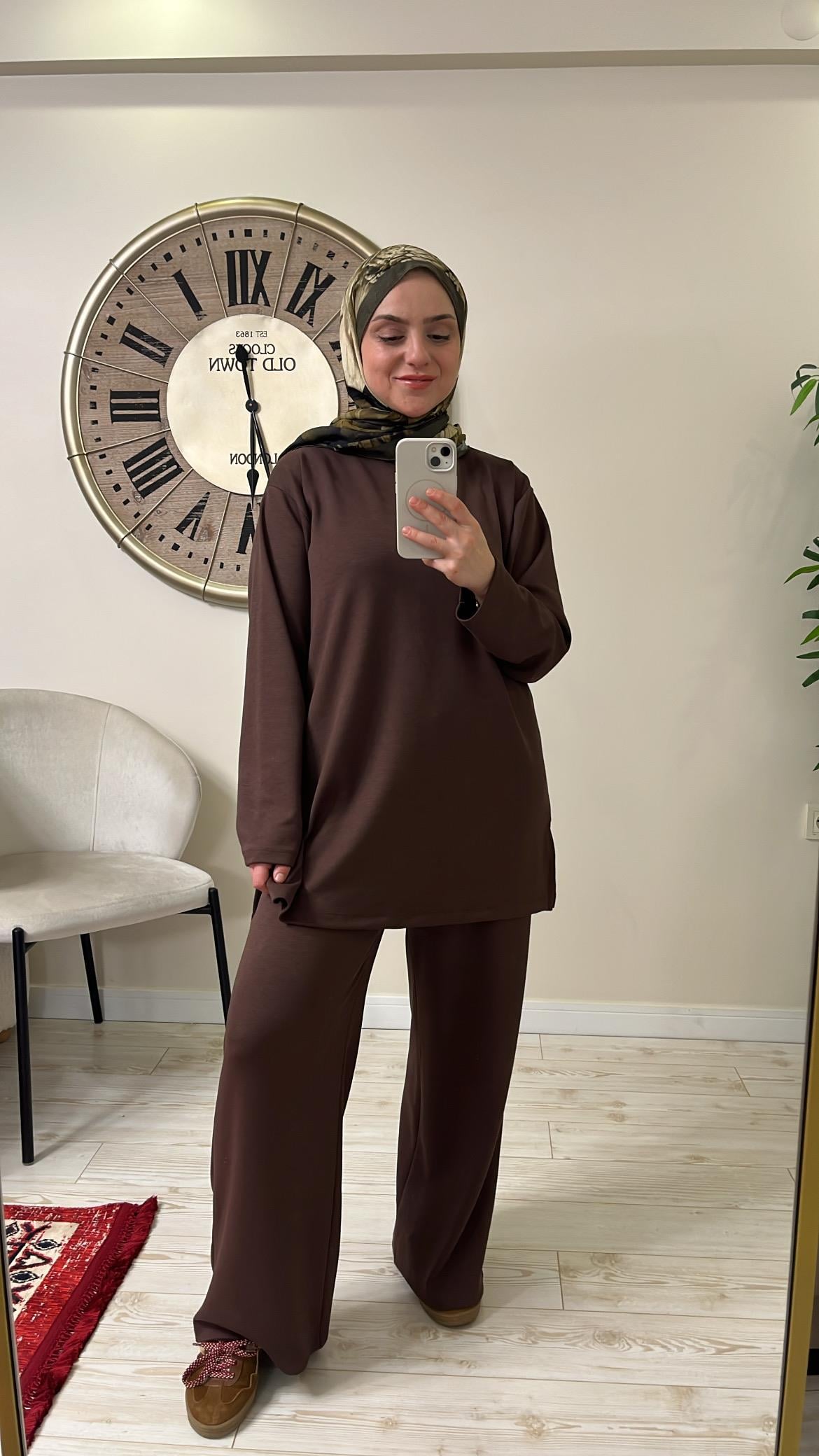 Fatmanur marka Modal kumaş bol pantolon tunik takım kahve
