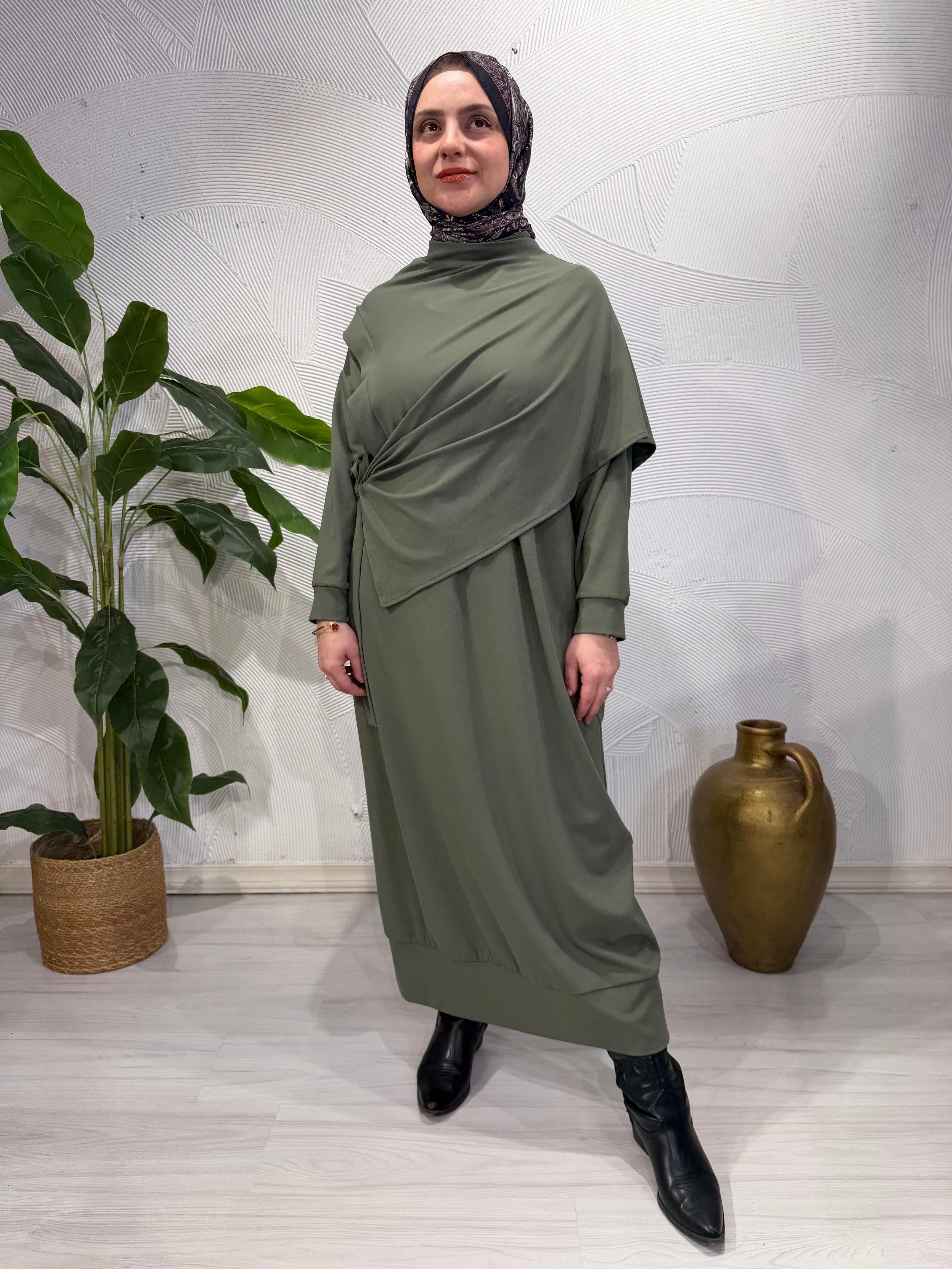 Modal kumaş yelek detay tesettür elbise/yeşil