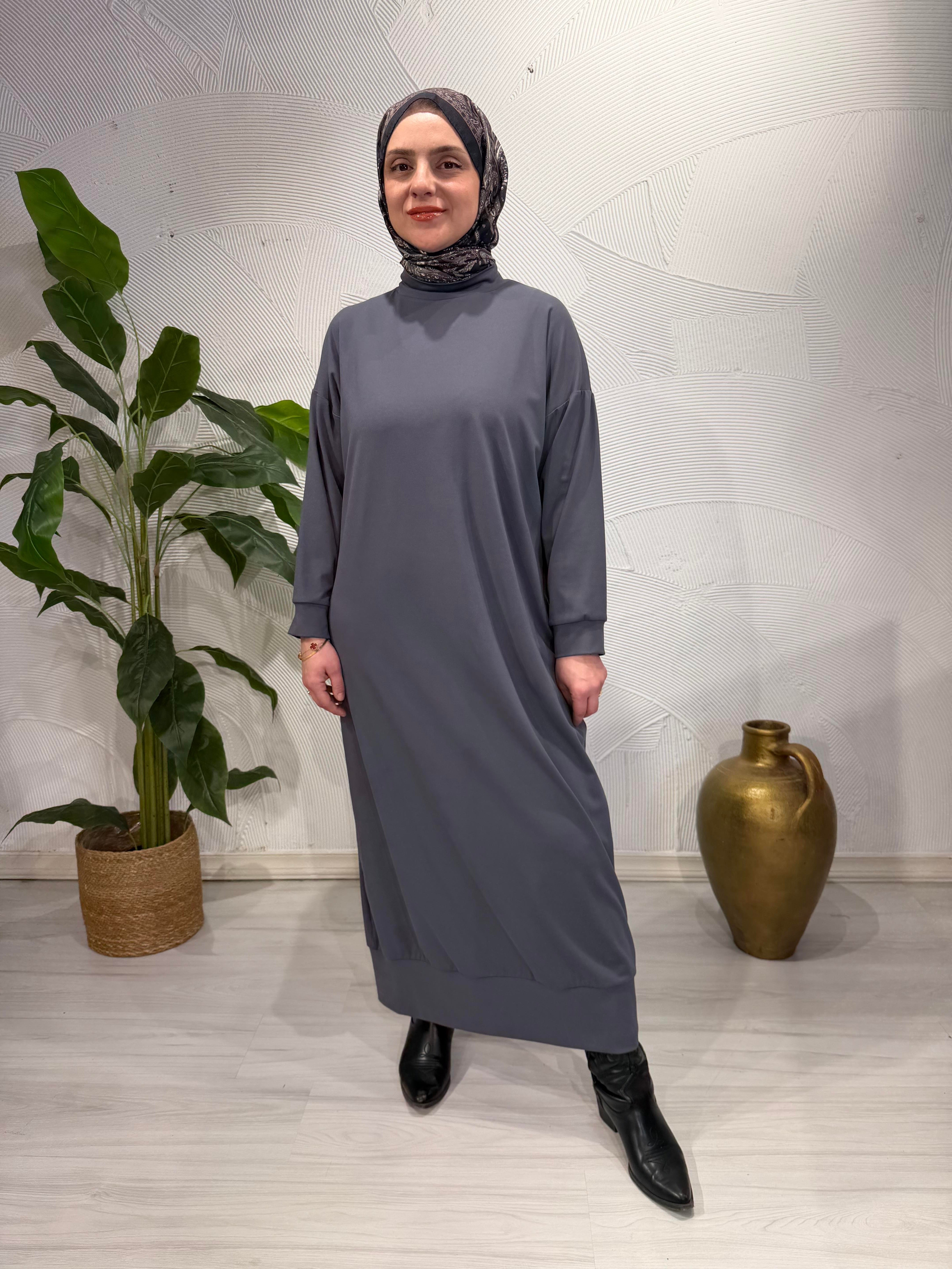 Modal kumaş yelek detay tesettür elbise/gri