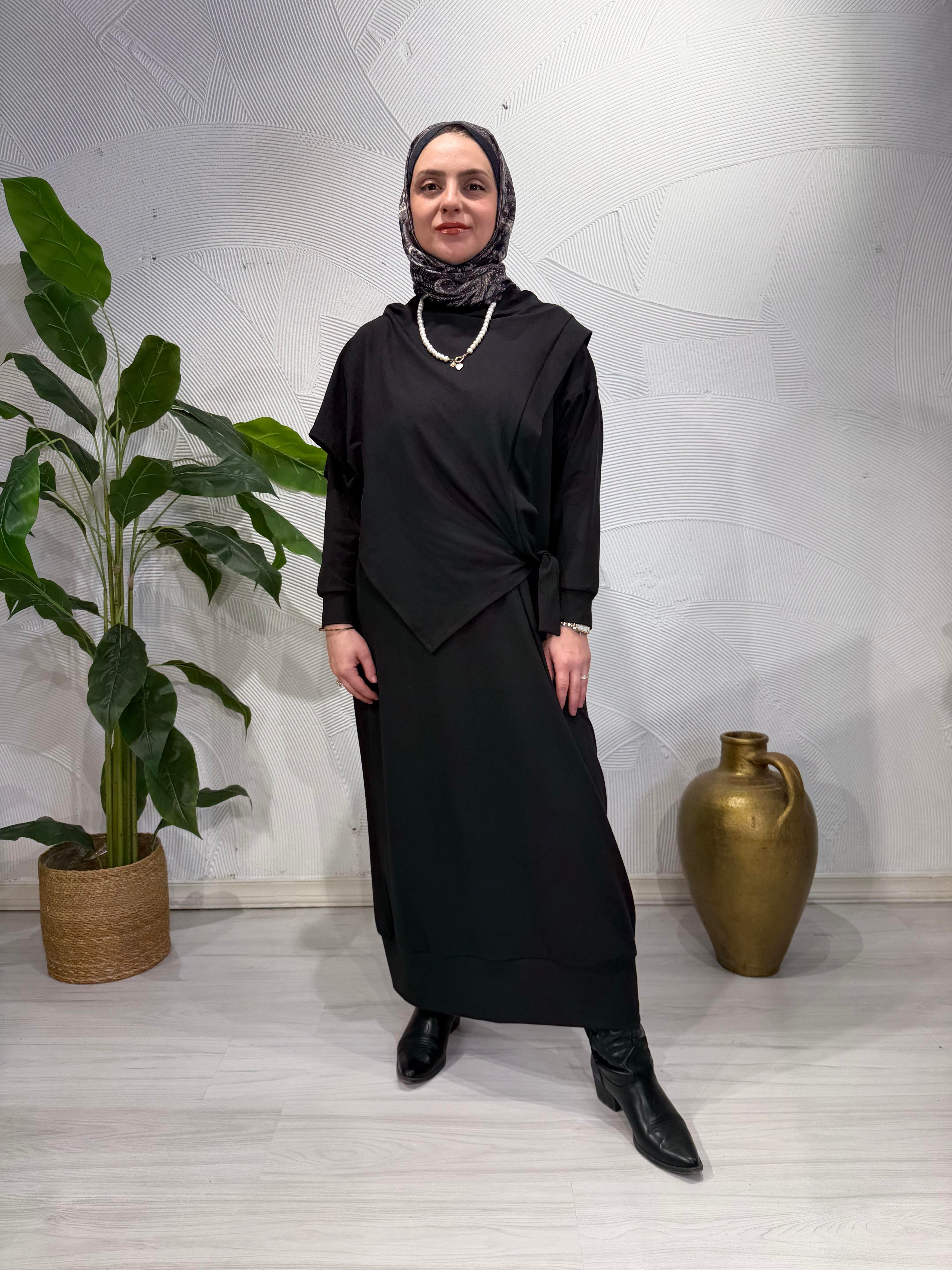 Modal kumaş yelek detay tesettür elbise/siyah