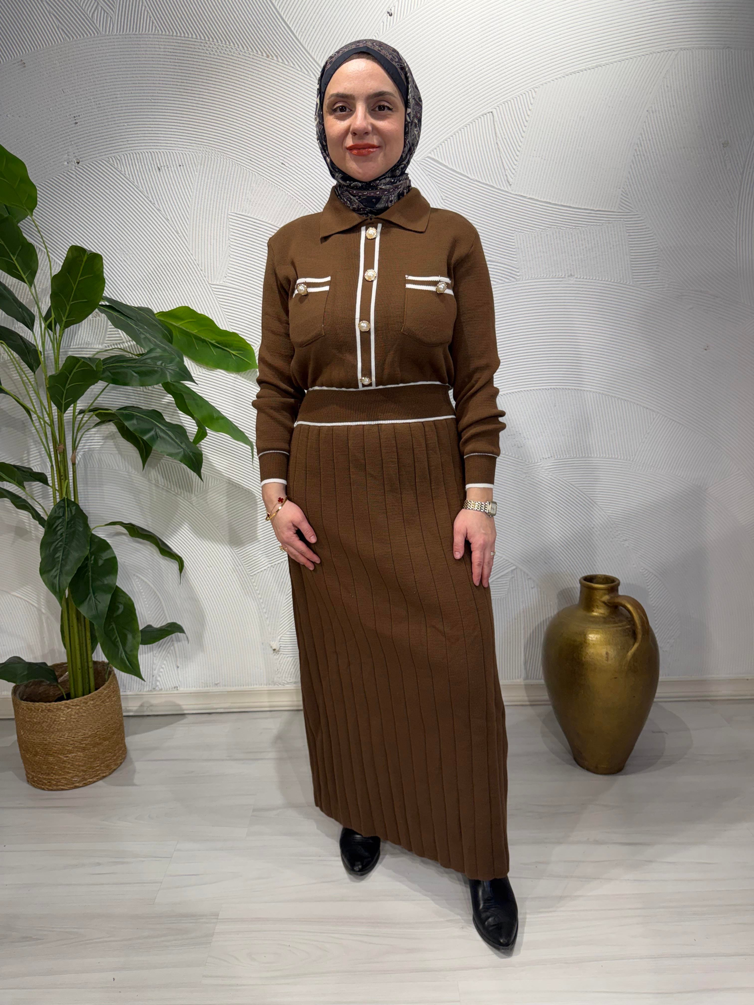 Triko düğme detaylı elbise/kahve