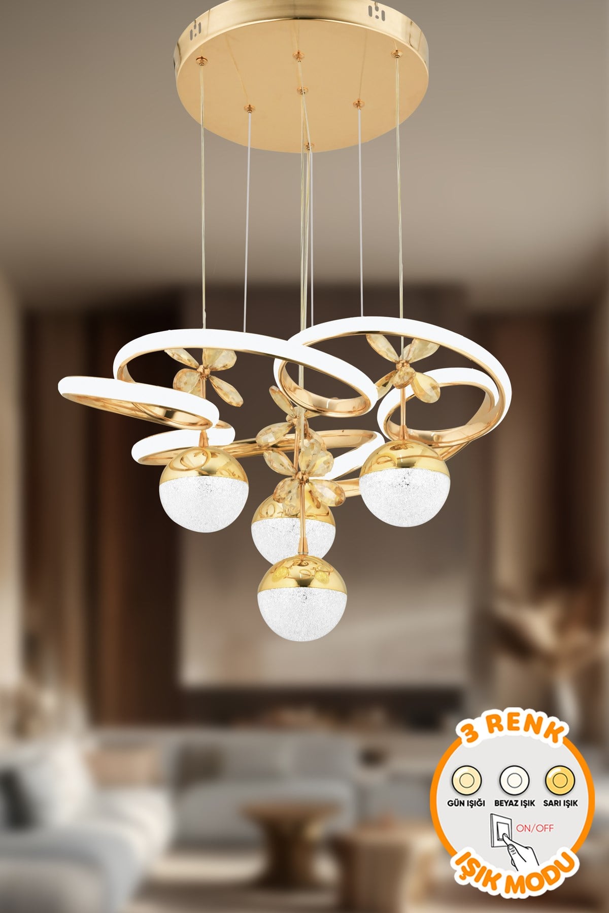 Alya Gold Modern Sarkıt Avize 3 Renk Işık Salon Mutfak Yatak Odası