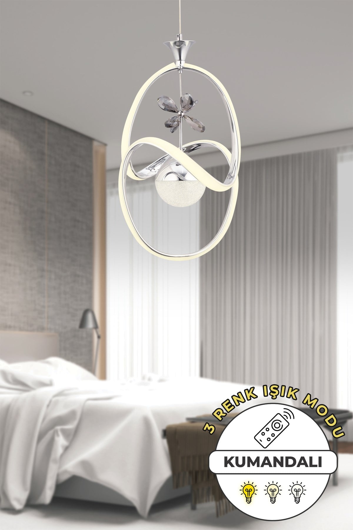 Krom Modern Sarkıt Avize 3 Renk Işık Salon Mutfak Yatak Odası