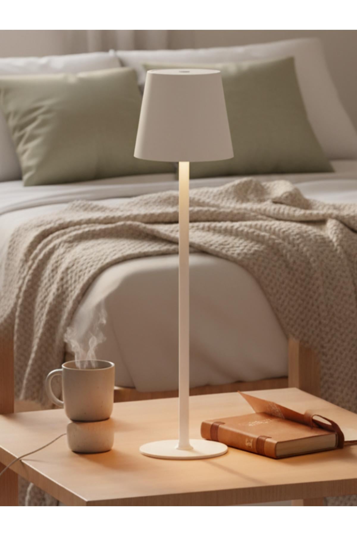 Modern Mantar Tasarımlı Şarjlı Masa Lambası BEYAZ (3 Farklı Işık Tonu, Dokunmatik Dimmer, Type-C)