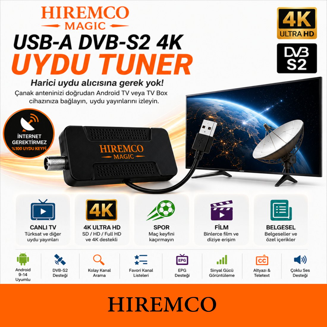 Hiremco Magic USB-A DVB-S2 4K Uydu Tuner