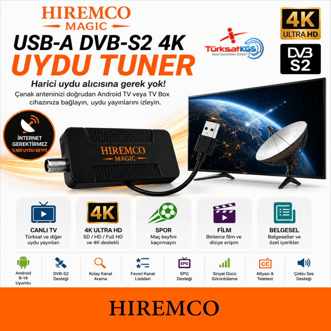 Hiremco Magic USB-A DVB-S2 4K Uydu Tuner