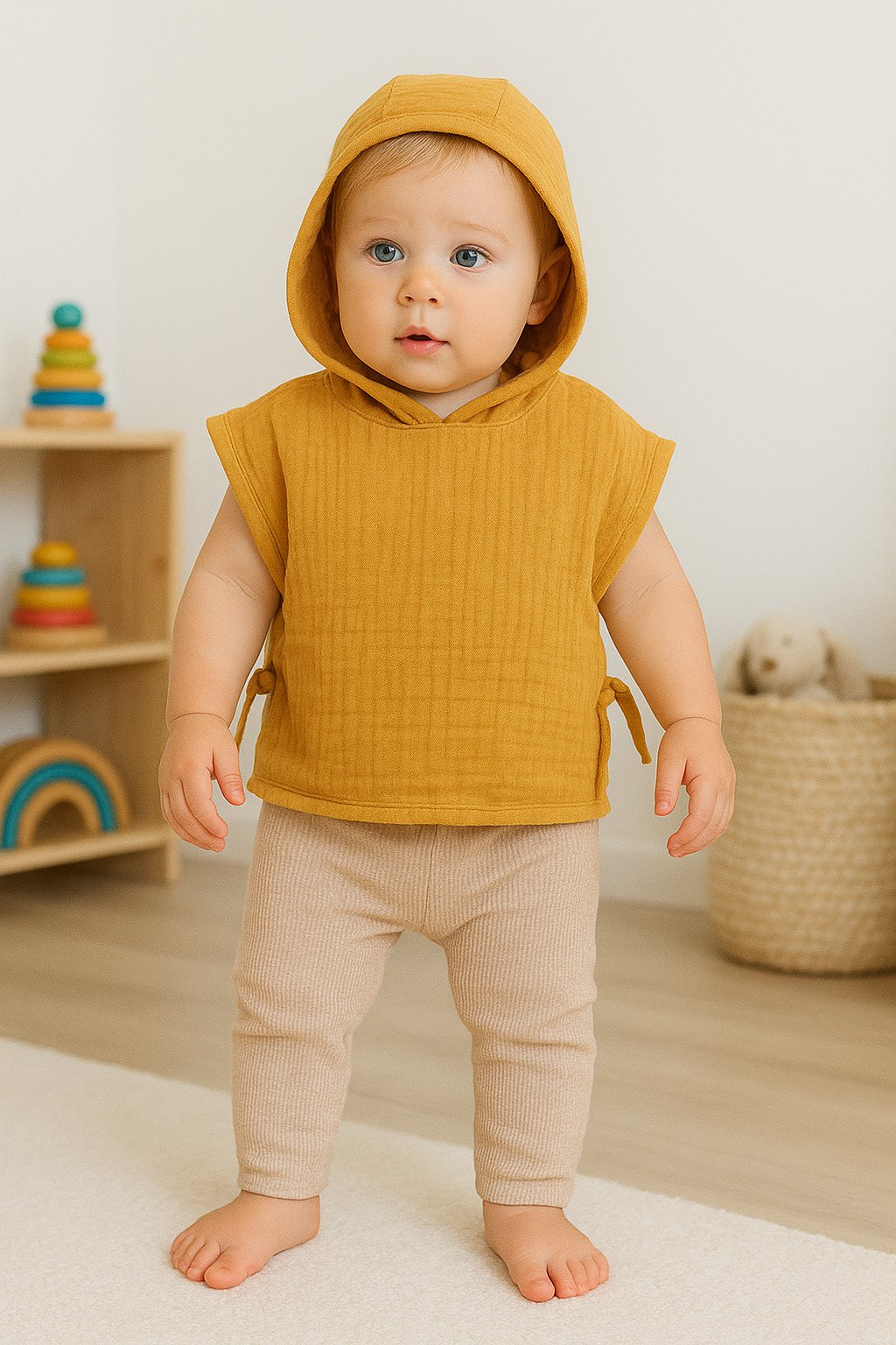 Bebek Müslin Panço – Kapüşonlu, Bağlamalı, %100 Pamuk Yazlık