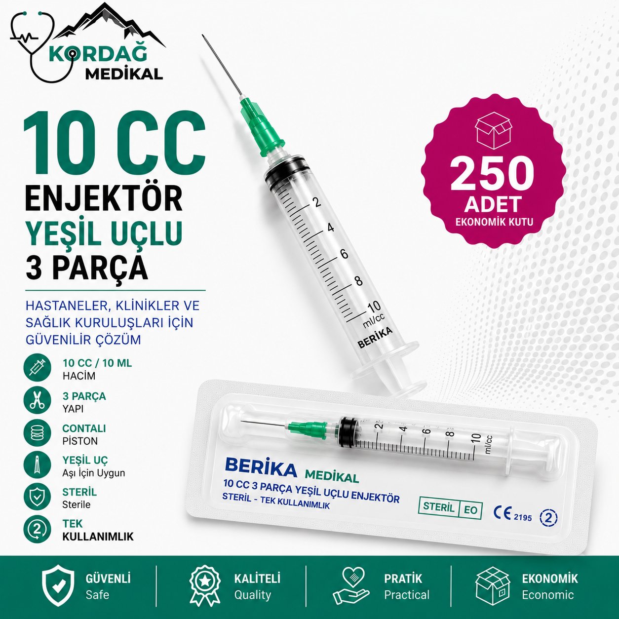 Berika 10 cc 3 Parça Yeşil Uçlu Enjektör