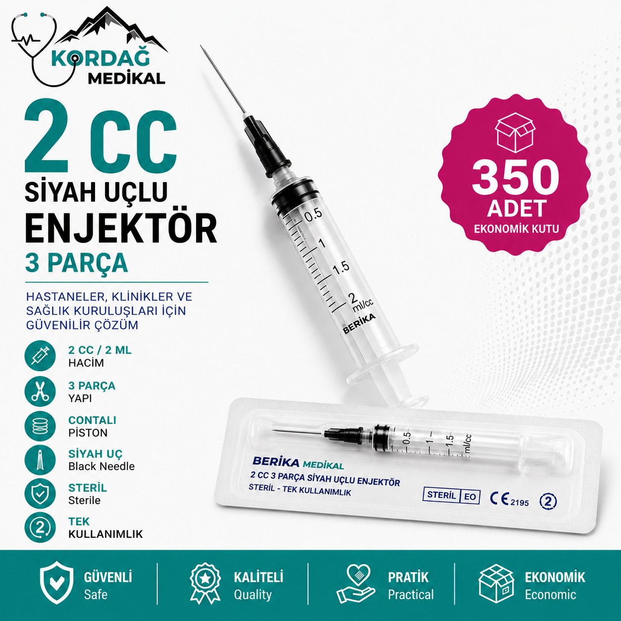 Berika 2 cc 3 Parça Siyah Uçlu Enjektör (350 Adet)