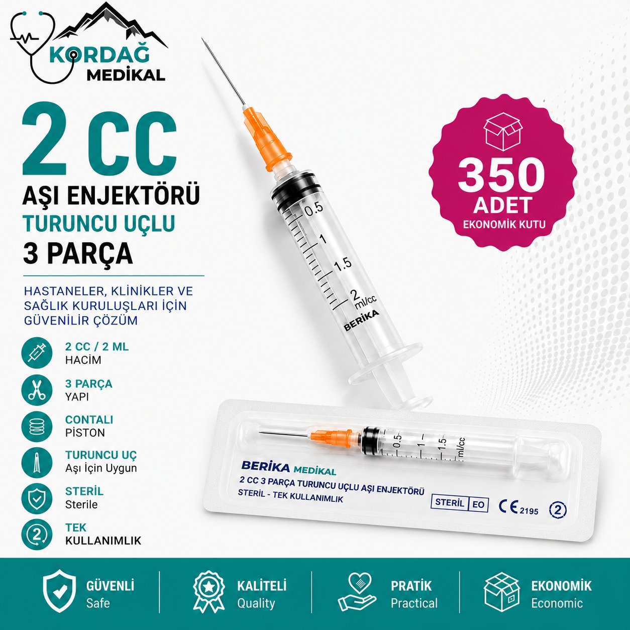 Berika 2 cc 3 Parça Turuncu Uçlu Aşı Enjektörü (350 Adet)