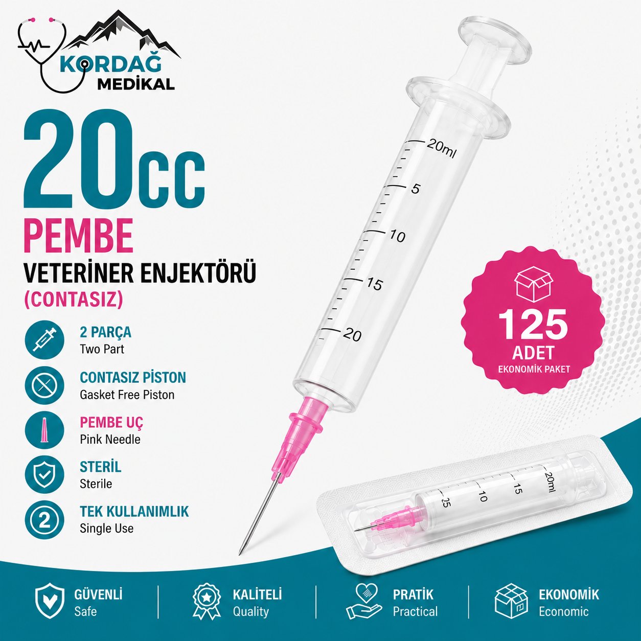 Berika 20 cc 2 Parça Contasız Pembe Uçlu Veteriner Enjektörü (125 Adet)