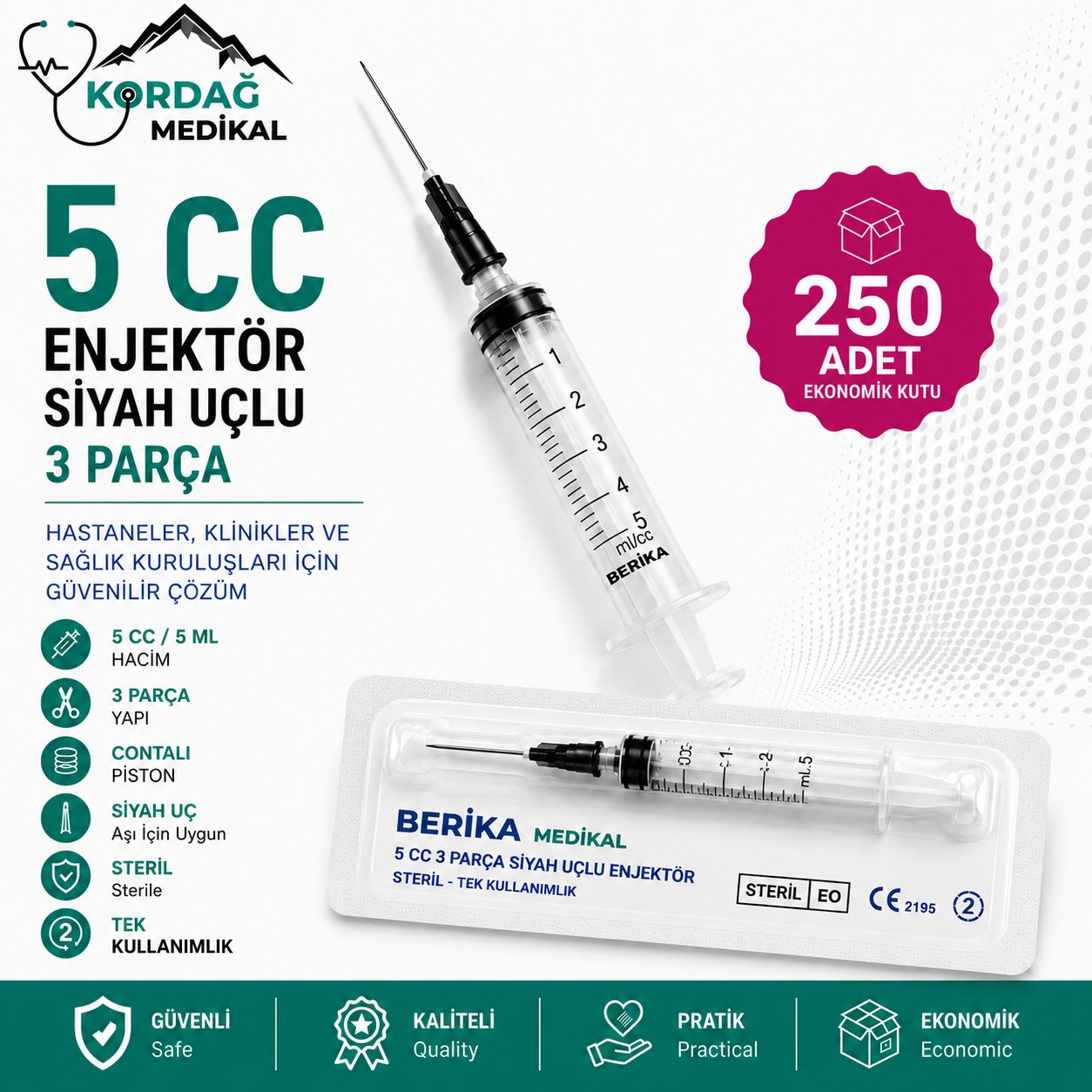 Berika 5 cc 3 Parça Siyah Uçlu Enjektör (250 Adet)