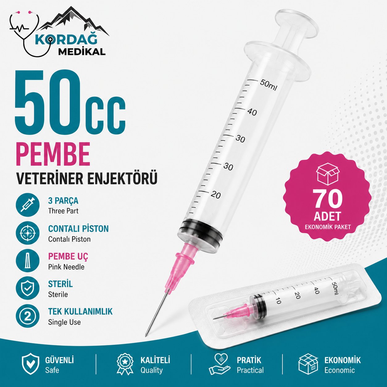 Berika 50 cc 3 Parça Contalı Pembe Uçlu Veteriner Enjektörü (70 Adet)