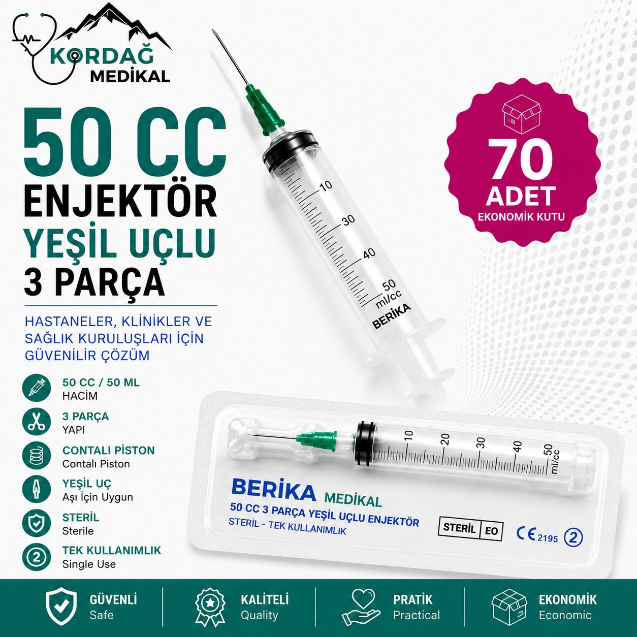 Berika 50 cc 3 Parça Yeşil Uçlu Enjektör