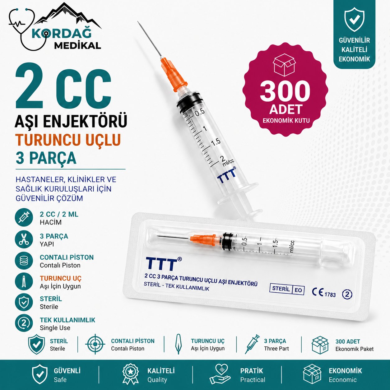 TTT 2 cc 3 Parça Turuncu Uçlu Aşı Enjektörü (300 Adet)