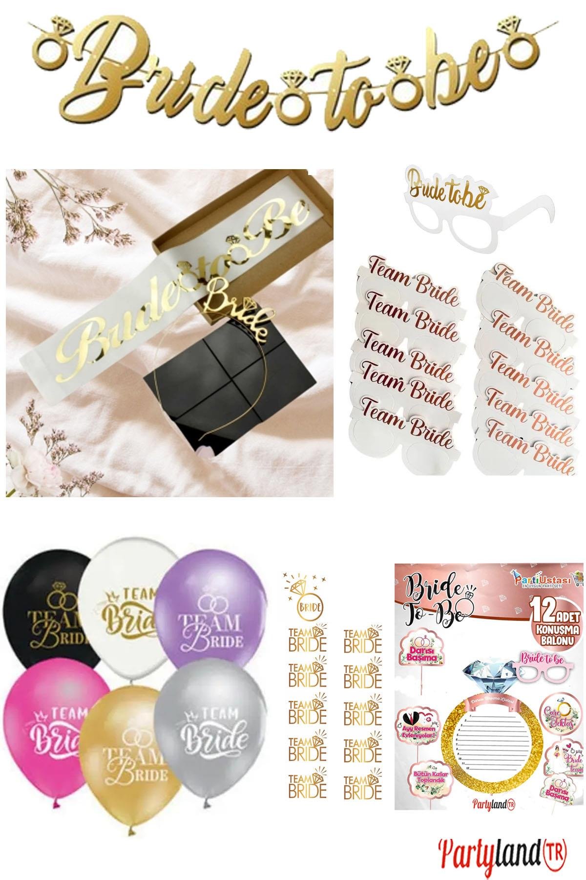  47 Parça Set Bride To Be 1 Bride 10 Team Bride Gold Bekarlığa Veda Partisi