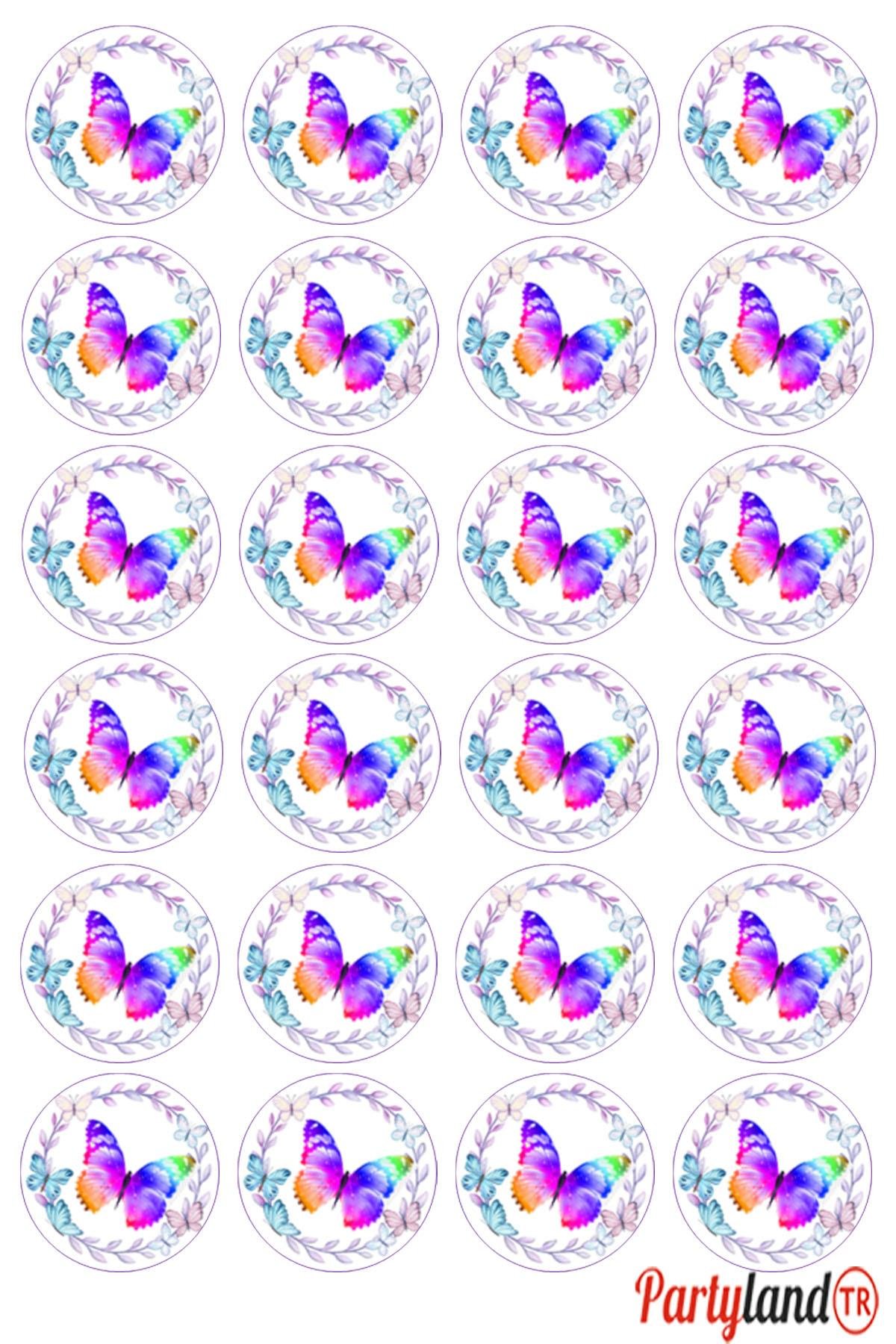 Kelebek Model 5 cm. Yapışkanlı Yuvarlak Etiket - Sticker 24 Adet