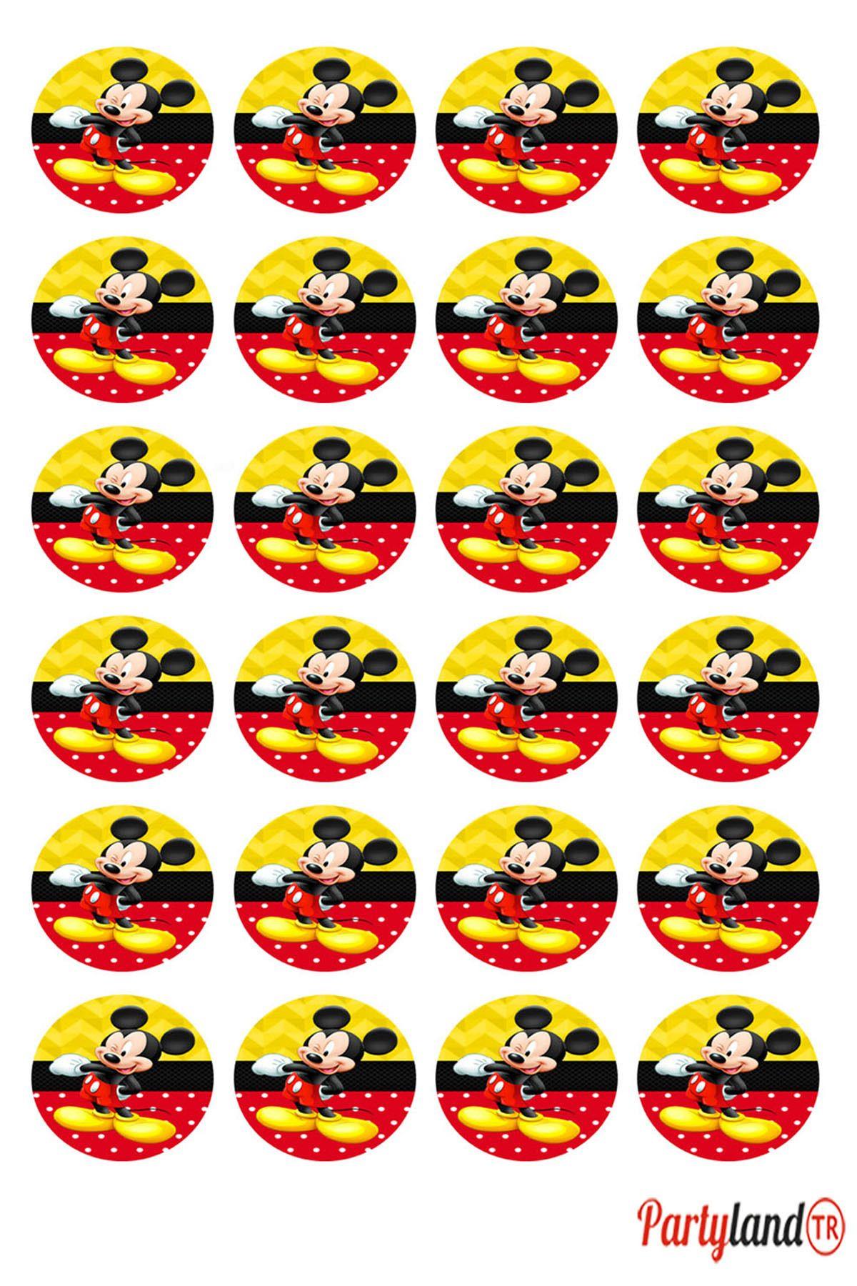 Mickey Mouse 5 cm. Yapışkanlı Yuvarlak Etiket - Sticker 24 Adet