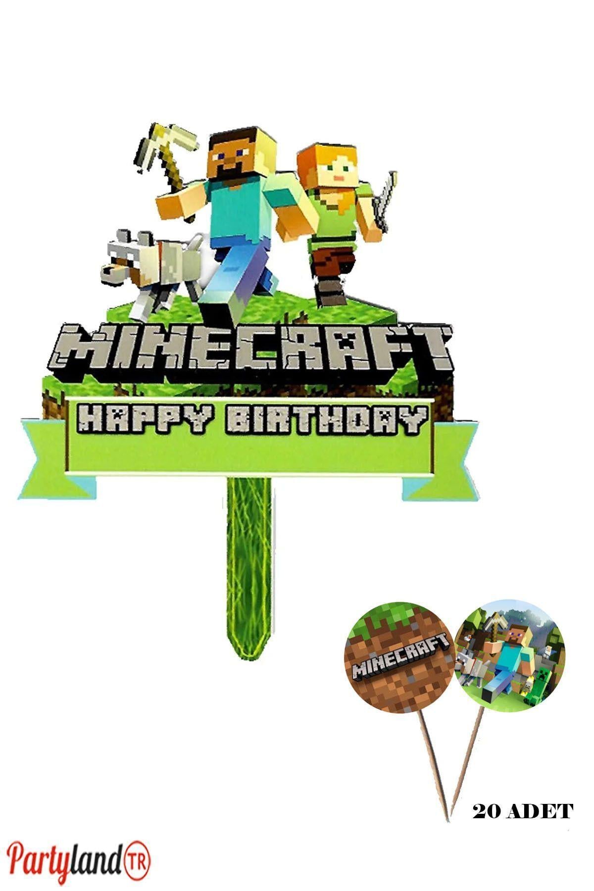 Minecraft Temalı Karton Pasta Süsü + 20 Adet Lux Sunum Kürdanı
