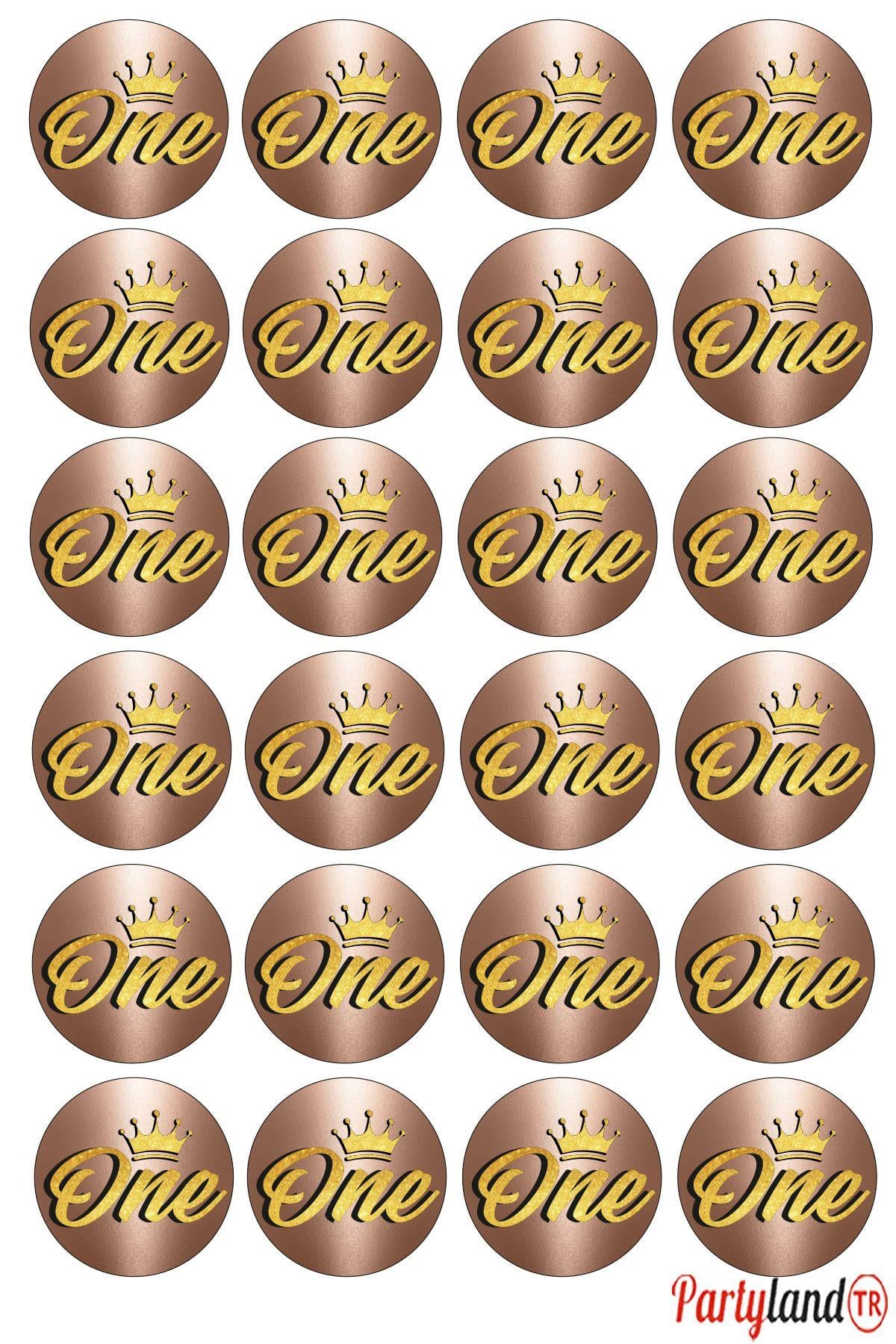 One 1 Yaş Temalı 5 cm. Yapışkanlı Yuvarlak Etiket - Sticker 24 Adet
