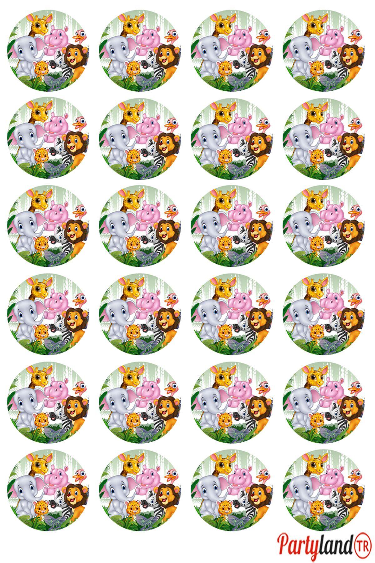 Safari Sevimli Hayvanlar 5 cm. Yapışkanlı Yuvarlak Etiket - Sticker 24 Adet