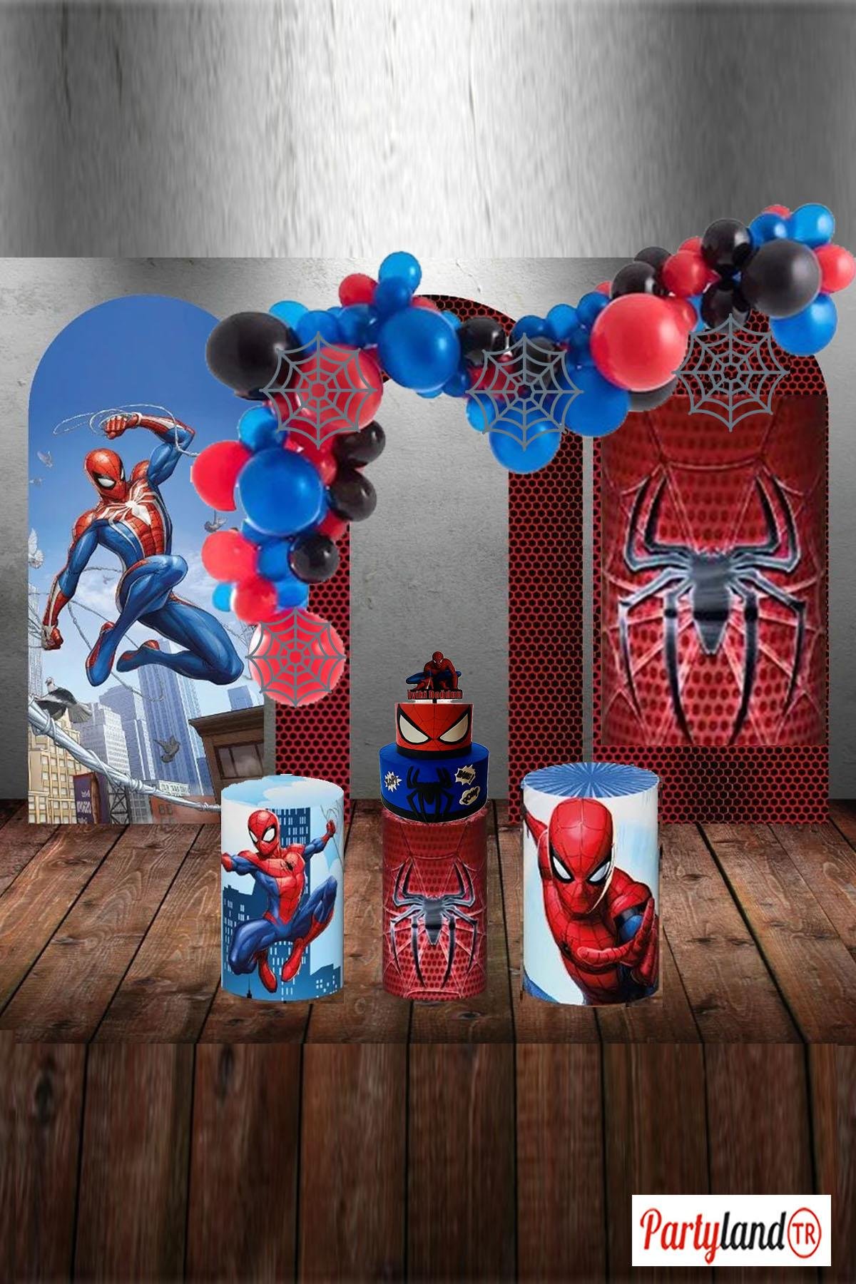 Spiderman Kırmızı Mavi Siyah Örümcek Adam Konseptine Uygun 75 Adet Balon Zincir Ve Balon Yapıştırma Bandı
