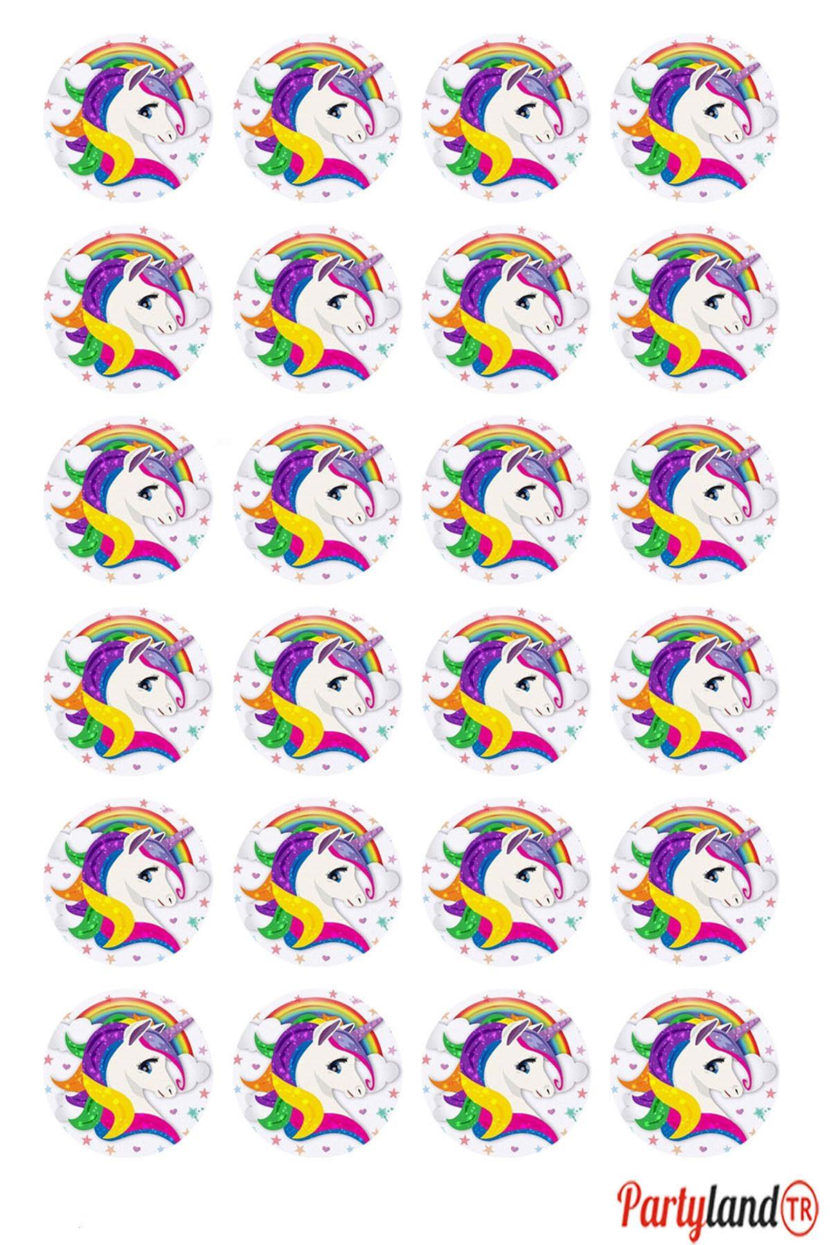 Unicorn 5 cm. Yapışkanlı Yuvarlak Etiket - Sticker 24 Adet