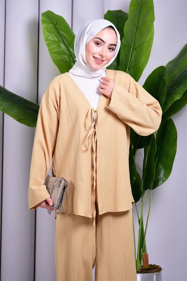 Bağcık Detaylı Pantolonlu Kimono Takım