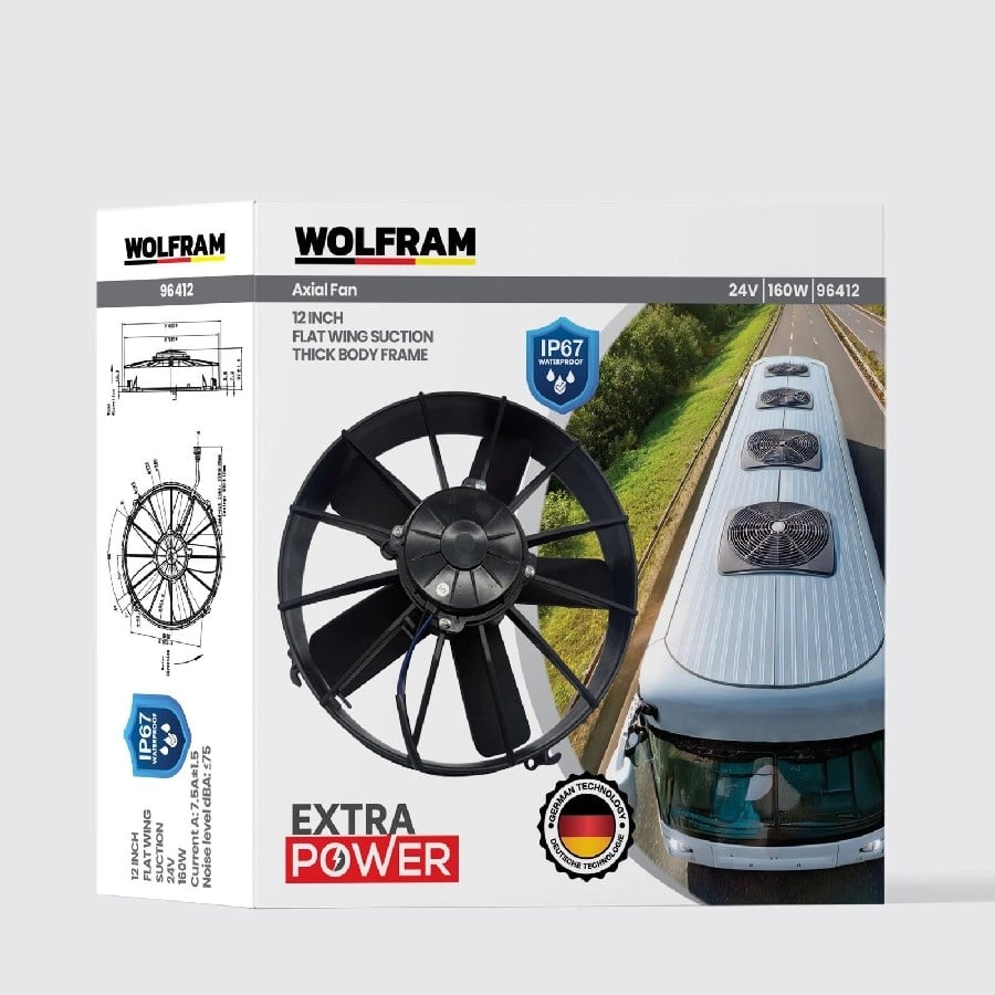 Aksiyel Fan 12 Inch 5 Duz Kanat IP67 Genis Kasnak 24V 160W