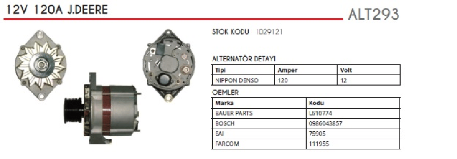 ALTER 12V 120A BOSCH TJOHN DEERE/NEWHOLLAND TRIGER 8 KANALLI KASNAK