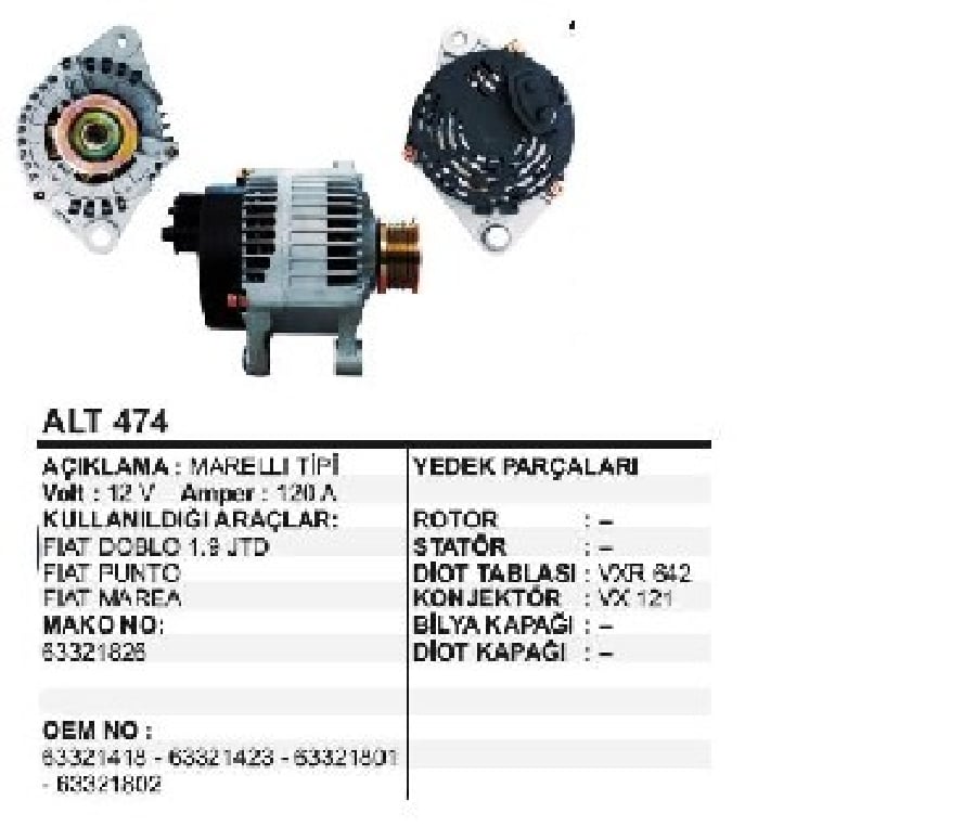 ALTER 12V120A MARELLI TIPI DOBLO 19JTD/PUNTO /DUCATO 19 TD/MAREA 6 KANALLI KASNAK (NOT: GOSTERGE