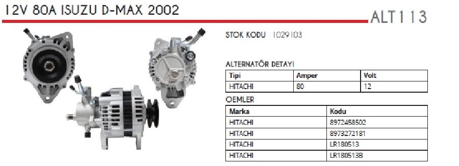 ALTER 12V80AHITACHI ISUZU DMAX 2002>VAKUMLU