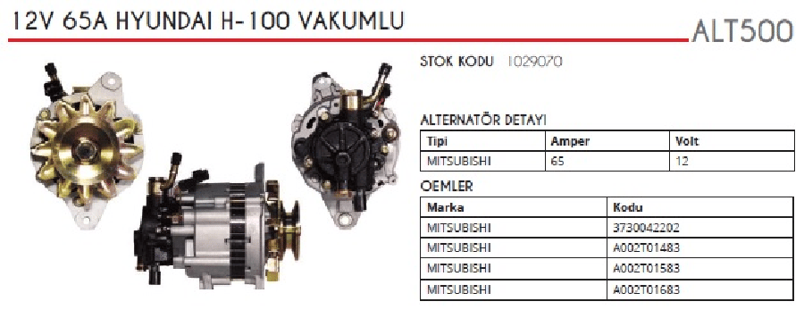 ALTER12V65A MITTIPI  HYUNDAI H100 25D TDI  88>94 VAKUMLU EM OVAL SOKETLI