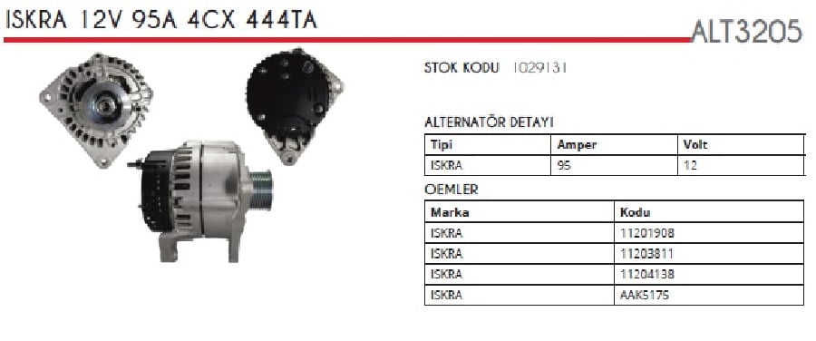 Alternator  12V 95A Iskra Tipi  DINAMO1  Jcb  3CX  4CX Yesil Motor  444TA 2007 8 Kanalli Kasnak