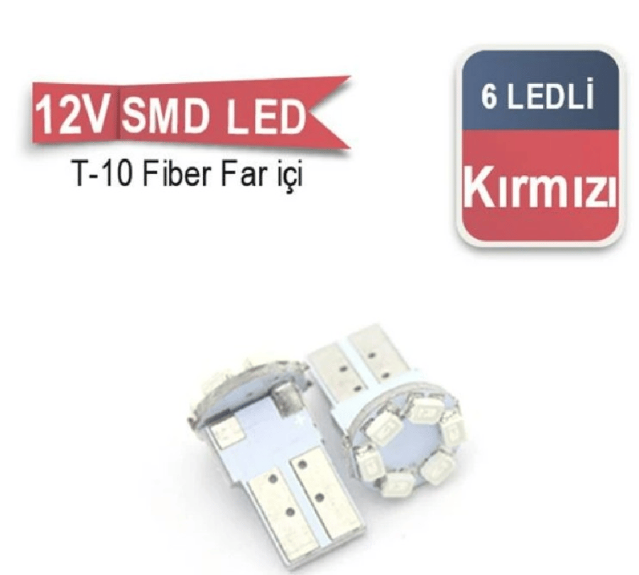 AMPUL LED 12V T10 6LED SMD FIBER FARICI KIRMIZI
