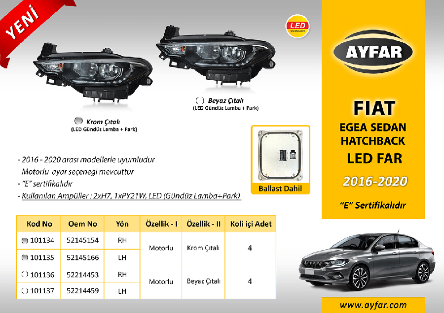 FAR SOL L MOTORLU KROM CITALI LED DRL+PARK FIAT EGEA SEDANHBCROSS 20162020 52145166