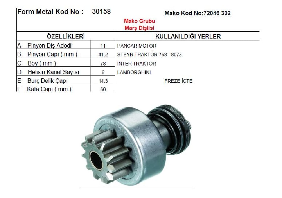 MARS DISLISI CATALSIZ MAKO TIP 11D6KIF>STEYR/PANCAR MOTOR EM