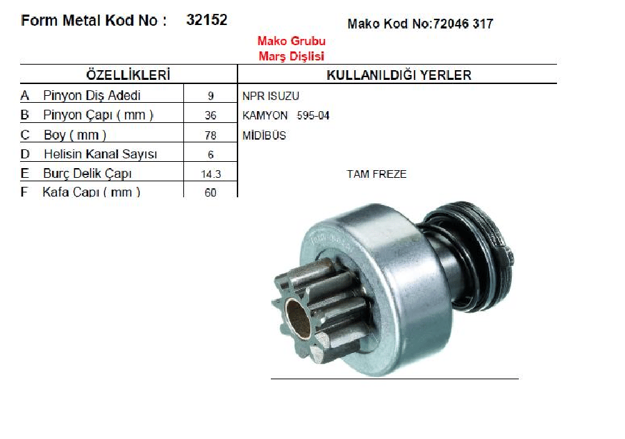 MARS DISLISI CATALSIZ MAKO TIP 9D6KDF>ISUZU YM NPR KAMYON MIDIBUS